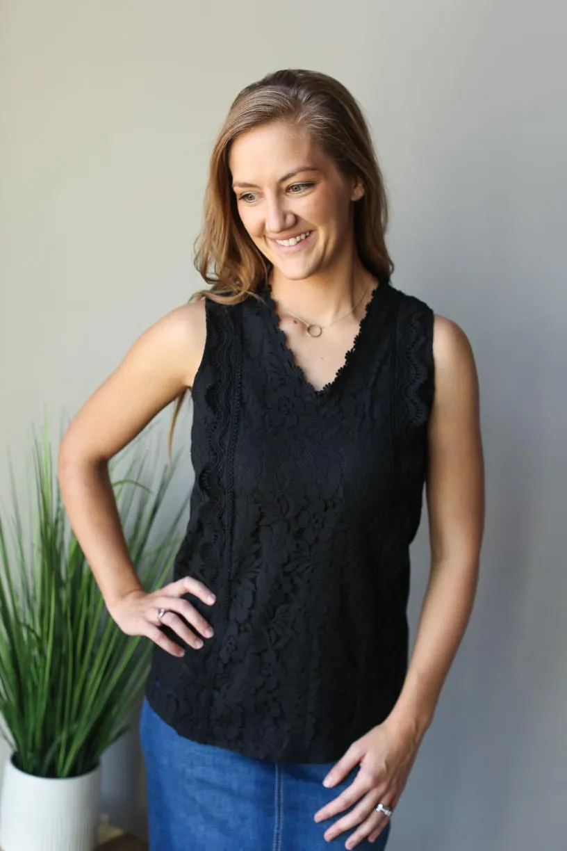 Black V-Neck Lace Tank Top • S