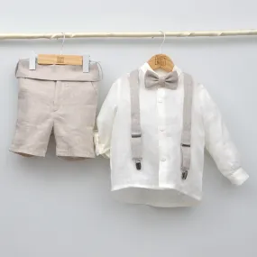 Conjunto lino Leo con camisa cuello Mao, pajarita, tirantes y pantalón con Fajín