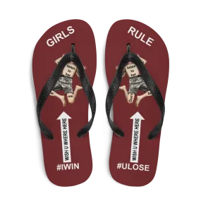 GIRLS RULE flip flops with CRUSHED TINY MAN underfoot burgundy fabric NEW (2020-05-10)