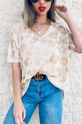 GOLD LEOPARD PRINTED SHORT SLEEVE V NECK KNIT SWEATER TOP