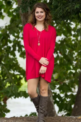 Long Sleeve V-Neck Piko Tunic - Red