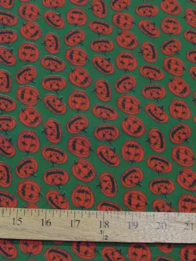 Poly Cotton Printed Fabric Halloween Pumpkins / Green / Sold By The Yard