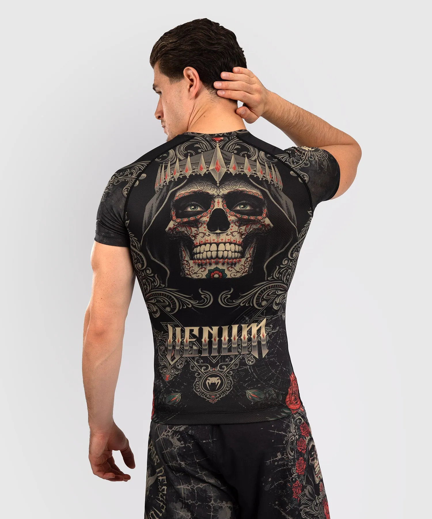 Venum Santa Muerte 5.0 Men’s Short Sleeve Rashguard - Deep Black/Gold